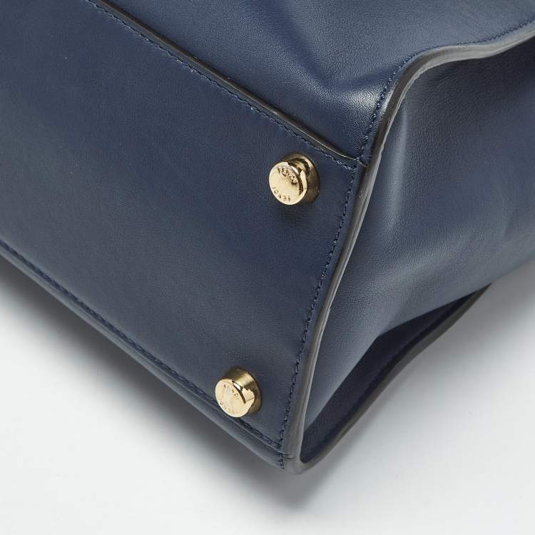 Pre Owned Fendi Navy Blue Leather Large Peekaboo Iconic Essentially Top Handle Bag
