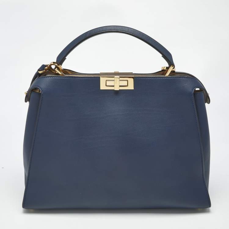 Pre Owned Fendi Navy Blue Leather Large Peekaboo Iconic Essentially Top Handle Bag
