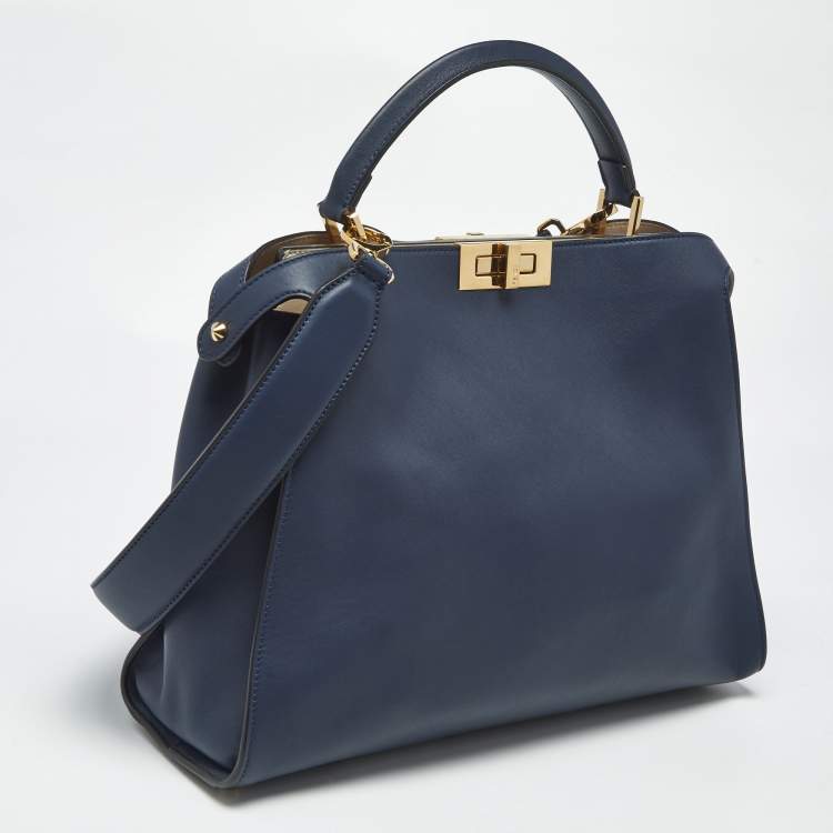 Pre Owned Fendi Navy Blue Leather Large Peekaboo Iconic Essentially Top Handle Bag