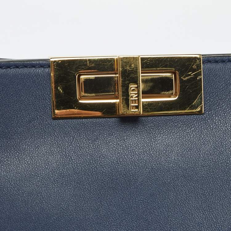 Pre Owned Fendi Navy Blue Leather Large Peekaboo Iconic Essentially Top Handle Bag