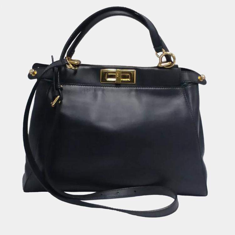 Pre Owned Fendi Peekaboo Small Black Leather Top Handle Bag