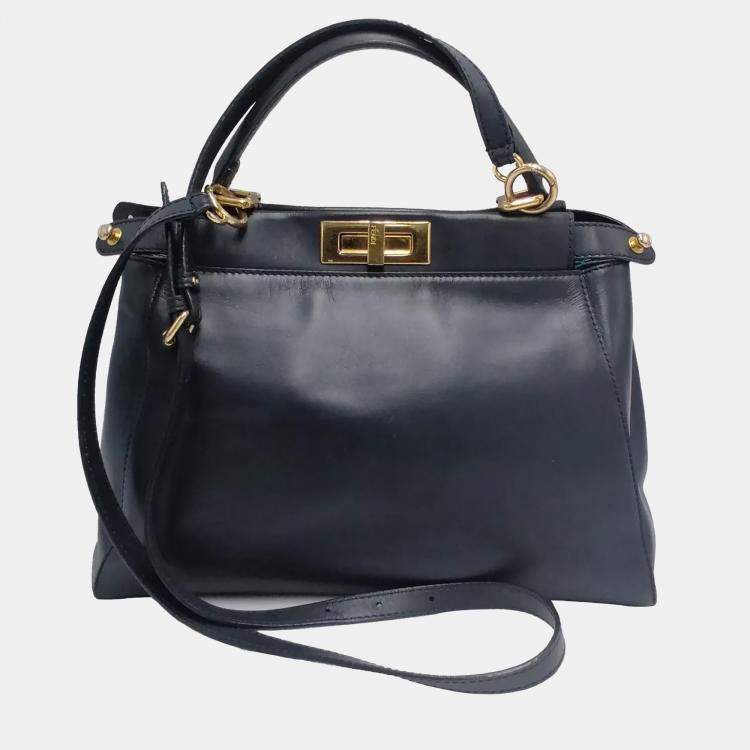 Pre Owned Fendi Peekaboo Small Black Leather Top Handle Bag