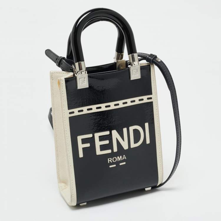 Pre Owned Fendi Black/Cream Patent Leather and Canvas Mini Sunshine Tote