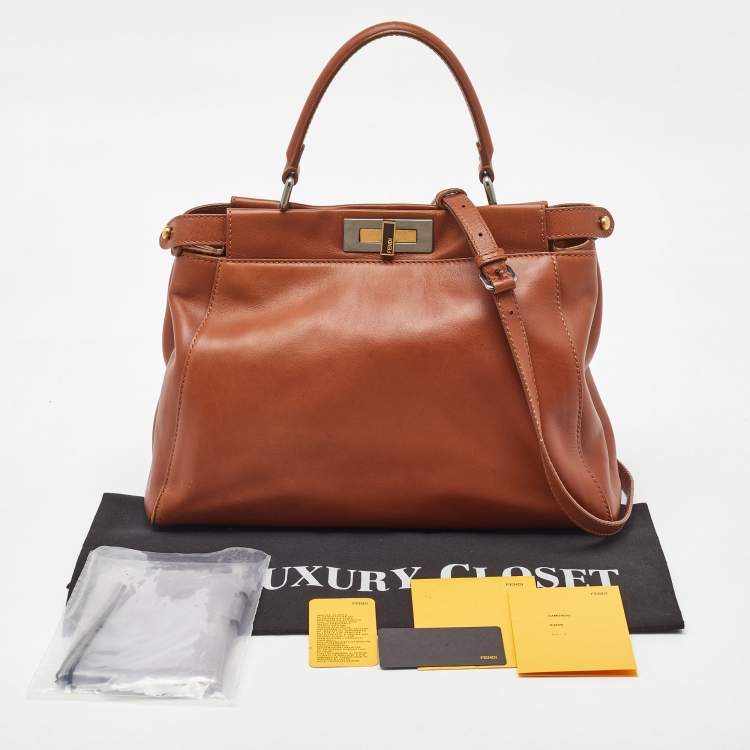 Pre Owned Fendi Brown Leather Medium Peekaboo Top Handle Bag