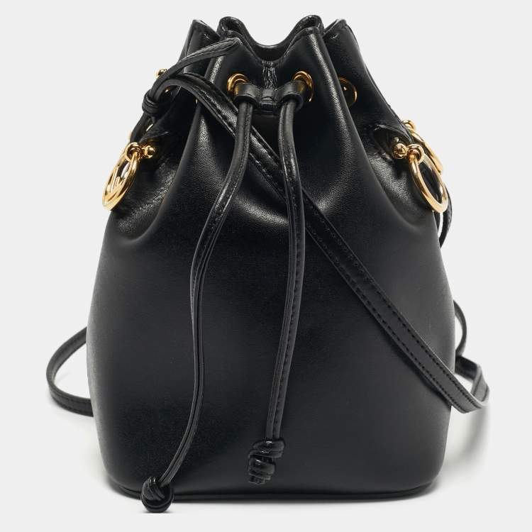 Pre Owned Fendi Black Leather Mini Mon Tresor Drawstring Bucket Bag