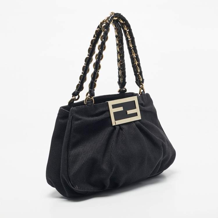 Pre Owned Fendi Black Textured Fabric and Patent Leather Small Mia Tote