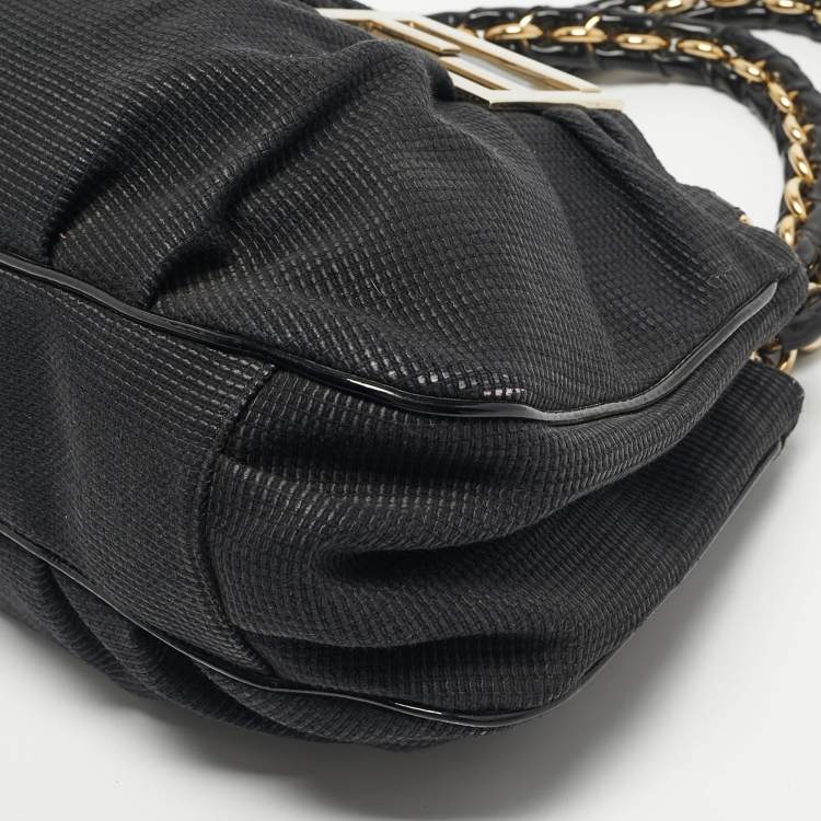 Pre Owned Fendi Black Textured Fabric and Patent Leather Small Mia Tote