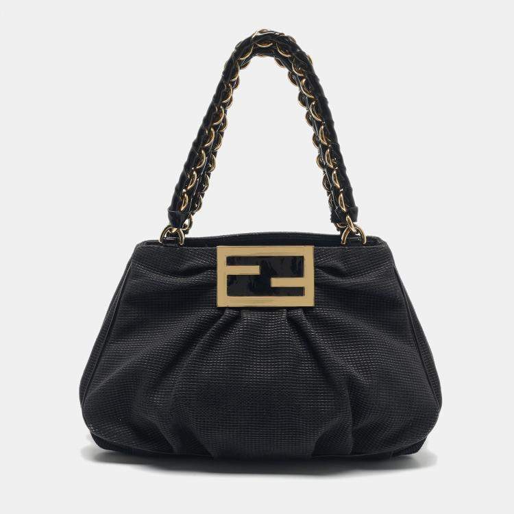Pre Owned Fendi Black Textured Fabric and Patent Leather Small Mia Tote