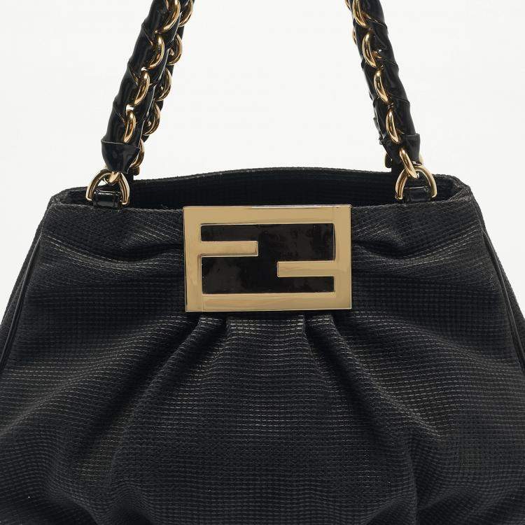 Pre Owned Fendi Black Textured Fabric and Patent Leather Small Mia Tote