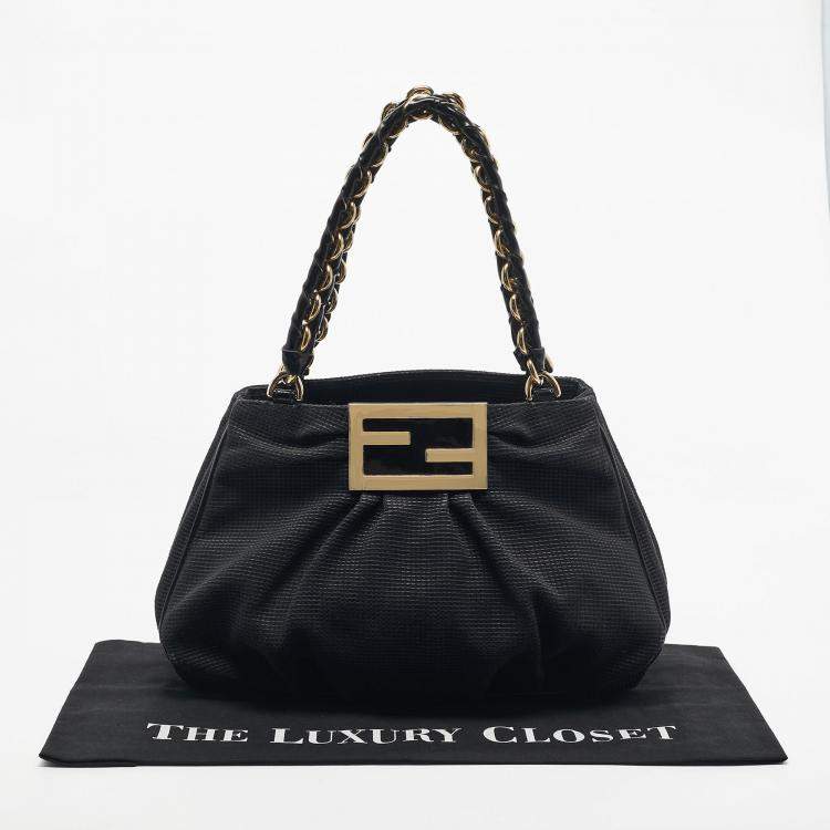 Pre Owned Fendi Black Textured Fabric and Patent Leather Small Mia Tote