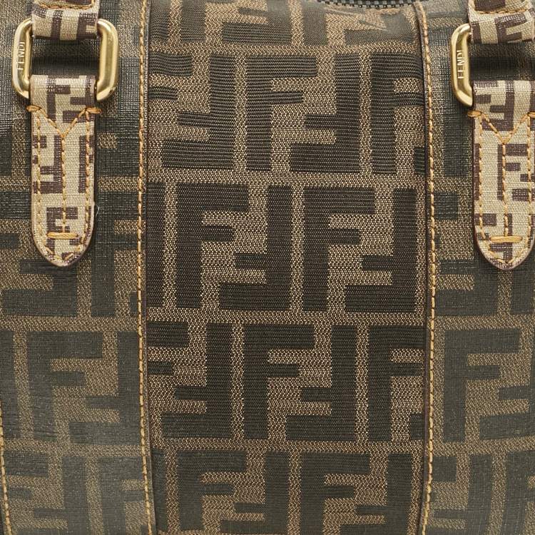 Pre Owned Fendi Brown/Beige Zucca Nylon and Coated Canvas Mixed Media Boston Bag