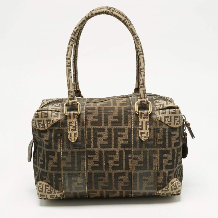 Pre Owned Fendi Brown/Beige Zucca Nylon and Coated Canvas Mixed Media Boston Bag