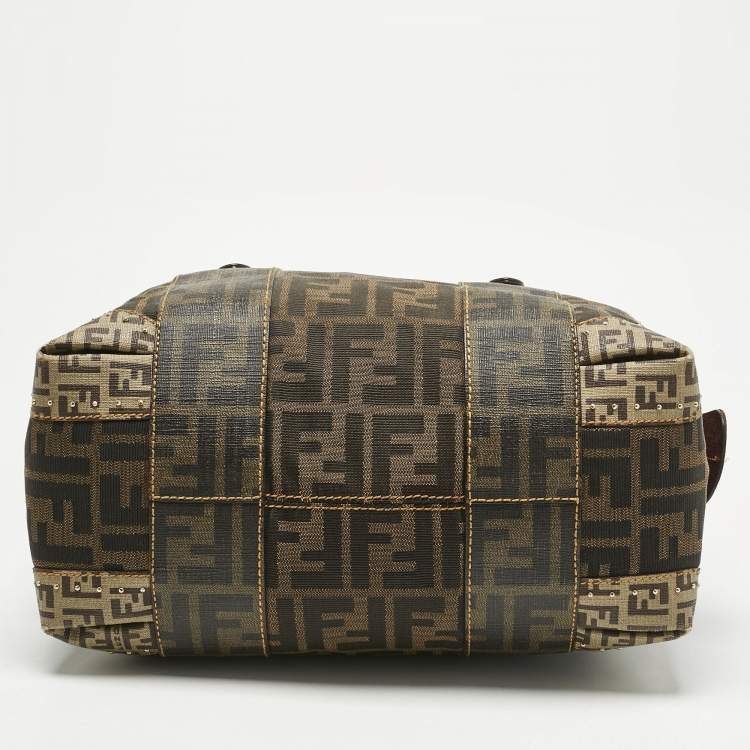 Pre Owned Fendi Brown/Beige Zucca Nylon and Coated Canvas Mixed Media Boston Bag