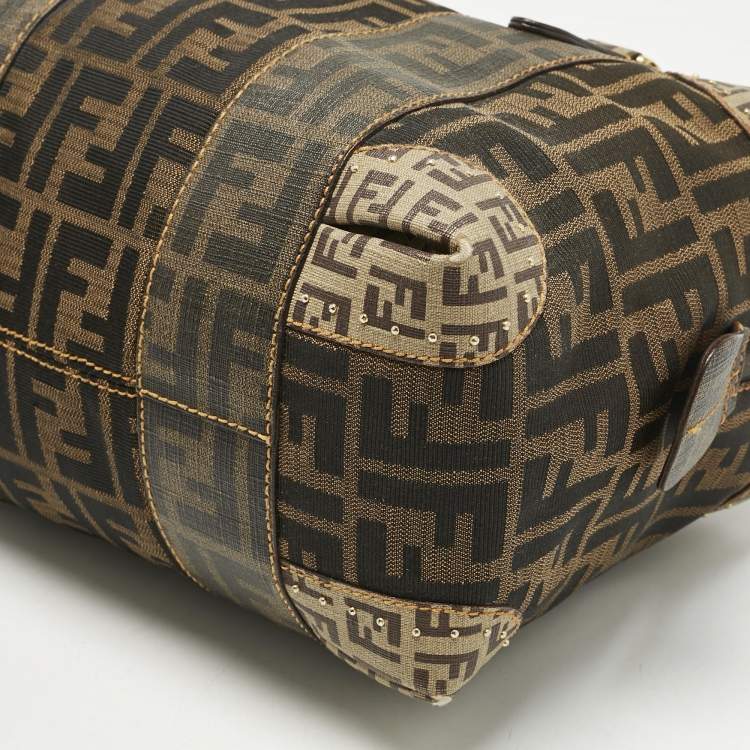 Pre Owned Fendi Brown/Beige Zucca Nylon and Coated Canvas Mixed Media Boston Bag