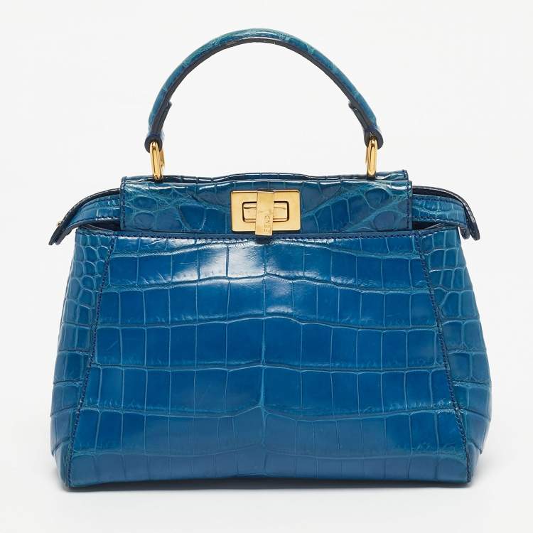 Pre Owned Fendi Blue Crocodile Mini Peekaboo Top Handle Bag