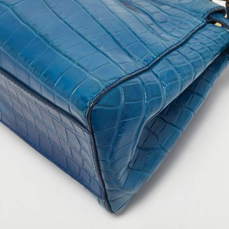 Pre Owned Fendi Blue Crocodile Mini Peekaboo Top Handle Bag