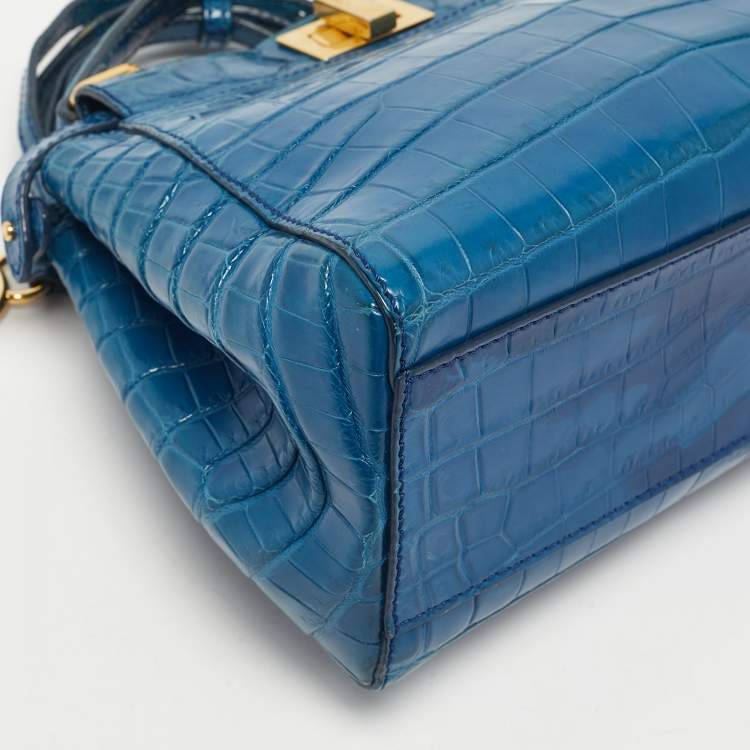 Pre Owned Fendi Blue Crocodile Mini Peekaboo Top Handle Bag