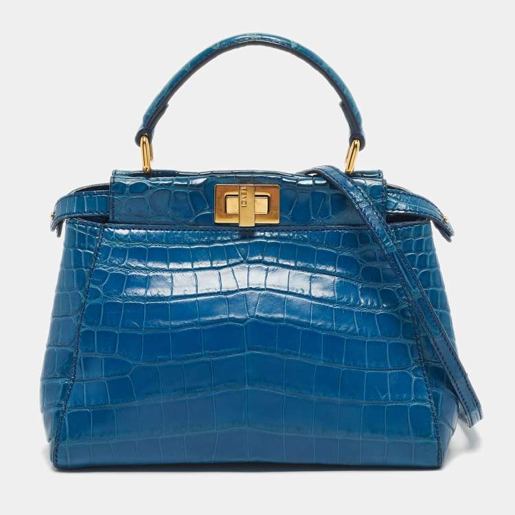 Pre Owned Fendi Blue Crocodile Mini Peekaboo Top Handle Bag