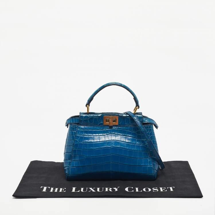 Pre Owned Fendi Blue Crocodile Mini Peekaboo Top Handle Bag