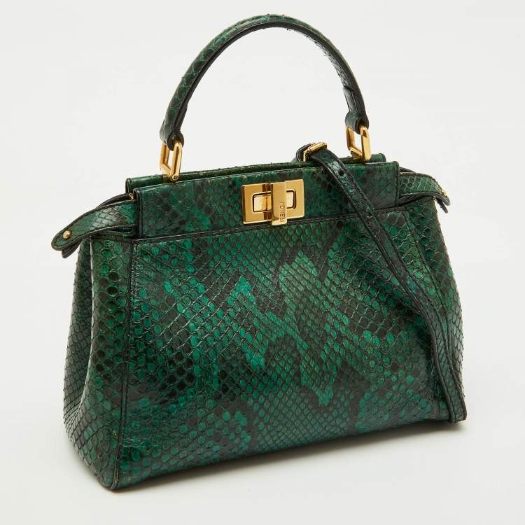 Pre Owned Fendi Green/Black Python Mini Peekaboo Top Handle Bag