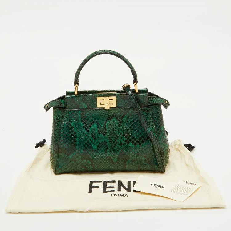 Pre Owned Fendi Green/Black Python Mini Peekaboo Top Handle Bag