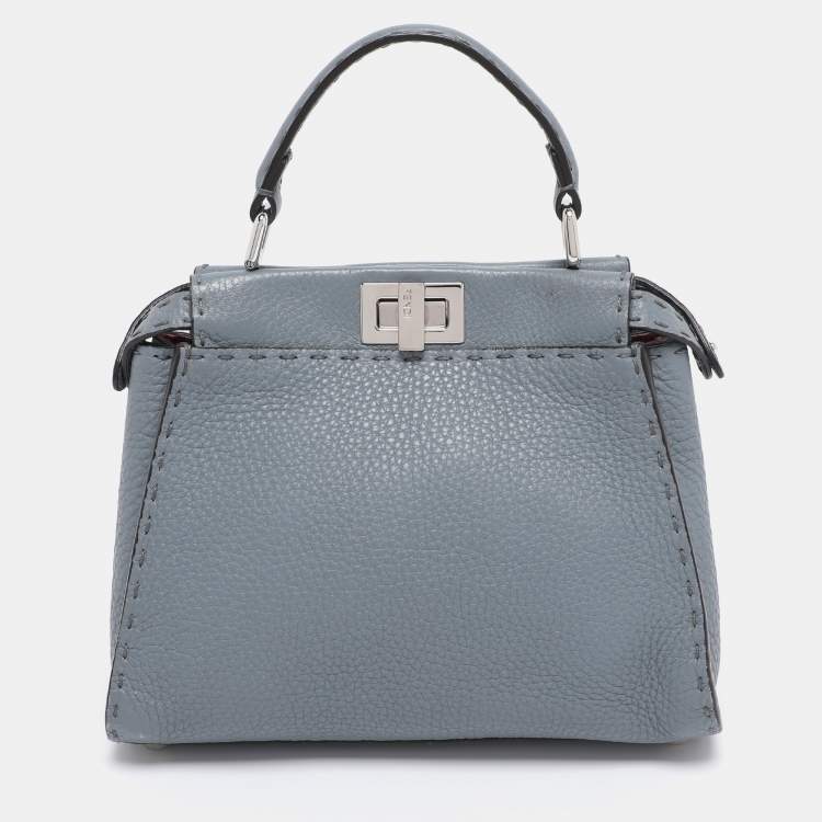 Pre Owned Fendi Blue Selleria Leather Mini Peekaboo Top Handle Bag