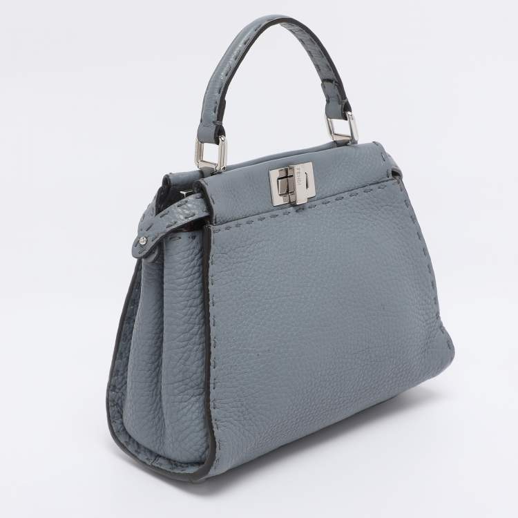 Pre Owned Fendi Blue Selleria Leather Mini Peekaboo Top Handle Bag