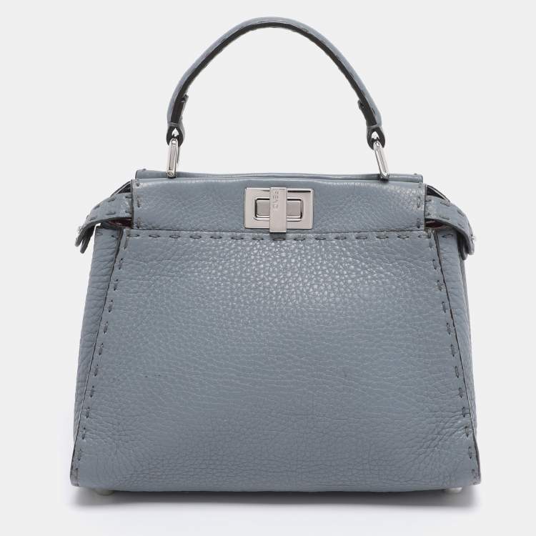 Pre Owned Fendi Blue Selleria Leather Mini Peekaboo Top Handle Bag