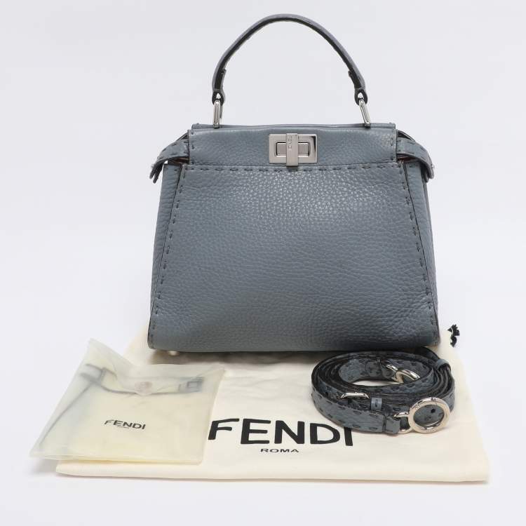 Pre Owned Fendi Blue Selleria Leather Mini Peekaboo Top Handle Bag