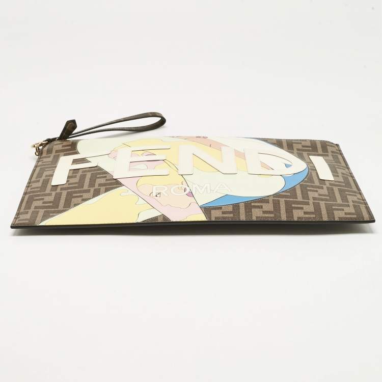 Pre Owned Fendi Tobacco Zucca Coated Canvas Inlay Girls Wristlet Flat Clutch