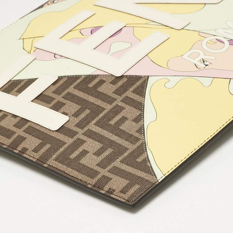 Pre Owned Fendi Tobacco Zucca Coated Canvas Inlay Girls Wristlet Flat Clutch