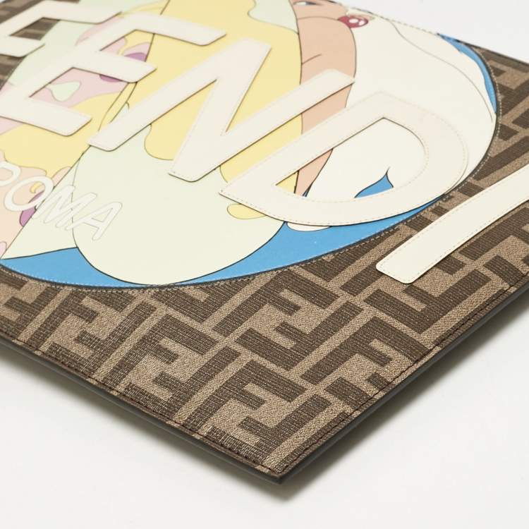 Pre Owned Fendi Tobacco Zucca Coated Canvas Inlay Girls Wristlet Flat Clutch