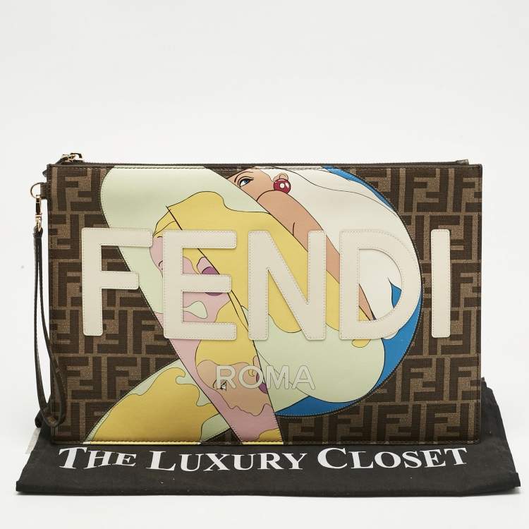 Pre Owned Fendi Tobacco Zucca Coated Canvas Inlay Girls Wristlet Flat Clutch