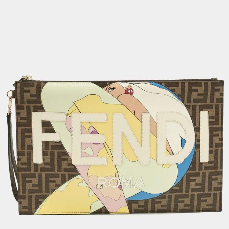 Pre Owned Fendi Tobacco Zucca Coated Canvas Inlay Girls Wristlet Flat Clutch