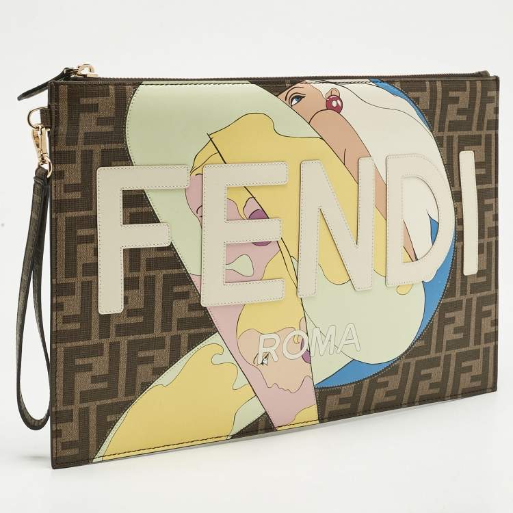 Pre Owned Fendi Tobacco Zucca Coated Canvas Inlay Girls Wristlet Flat Clutch