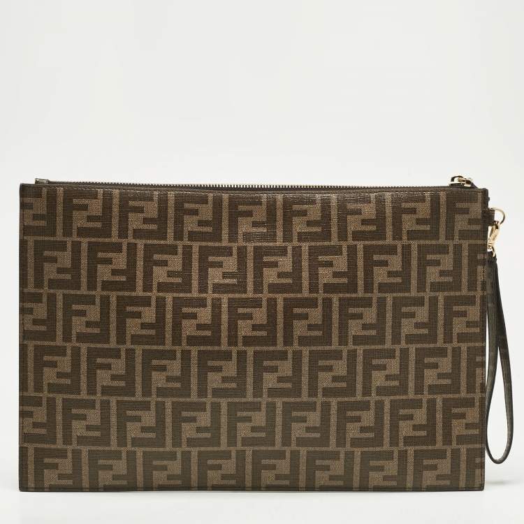Pre Owned Fendi Tobacco Zucca Coated Canvas Inlay Girls Wristlet Flat Clutch