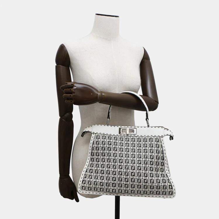 Pre Owned Fendi Peekaboo ICYU Selleria Medium White Black Leather Bag