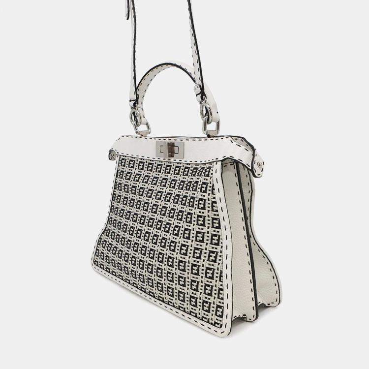 Pre Owned Fendi Peekaboo ICYU Selleria Medium White Black Leather Bag