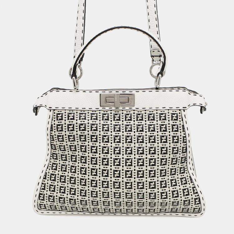 Pre Owned Fendi Peekaboo ICYU Selleria Medium White Black Leather Bag