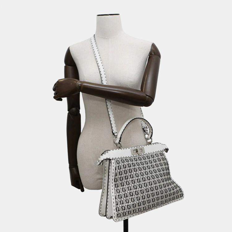Pre Owned Fendi Peekaboo ICYU Selleria Medium White Black Leather Bag