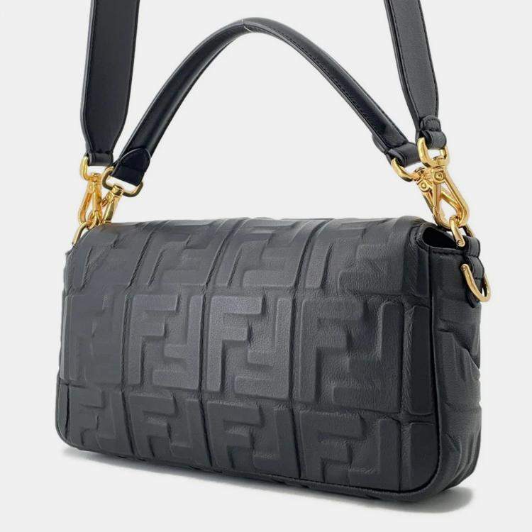Pre Owned Fendi Zucca Embossed Black Lambskin Baguette