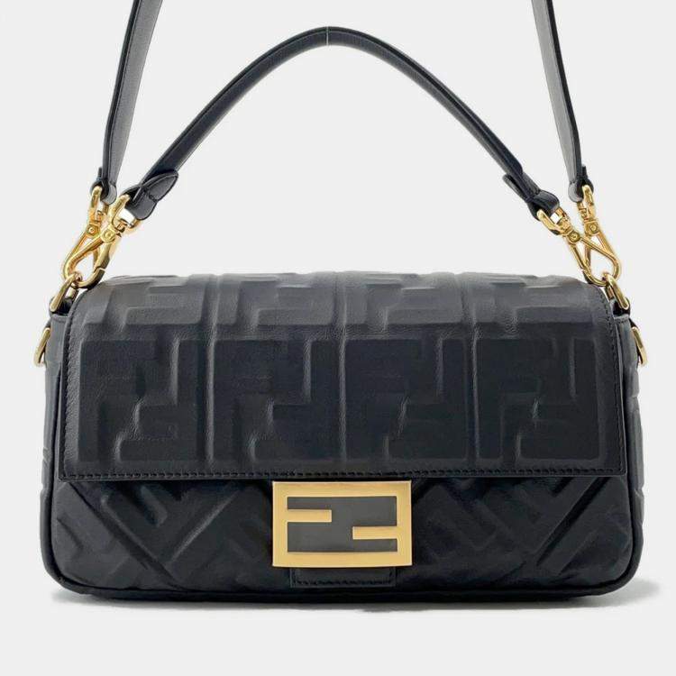 Pre Owned Fendi Zucca Embossed Black Lambskin Baguette