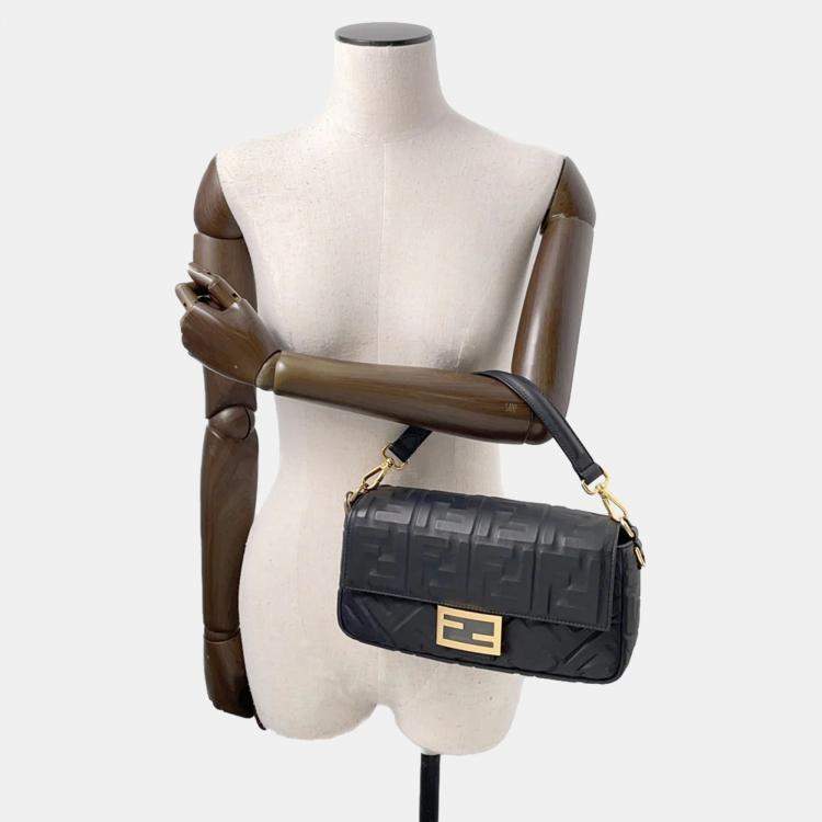 Pre Owned Fendi Zucca Embossed Black Lambskin Baguette