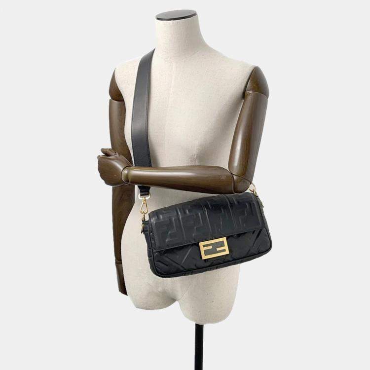 Pre Owned Fendi Zucca Embossed Black Lambskin Baguette