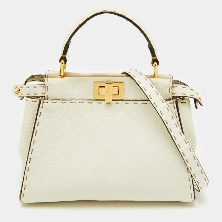 Pre Owned Fendi Off White Selleria Leather Mini Peekaboo Top Handle Bag