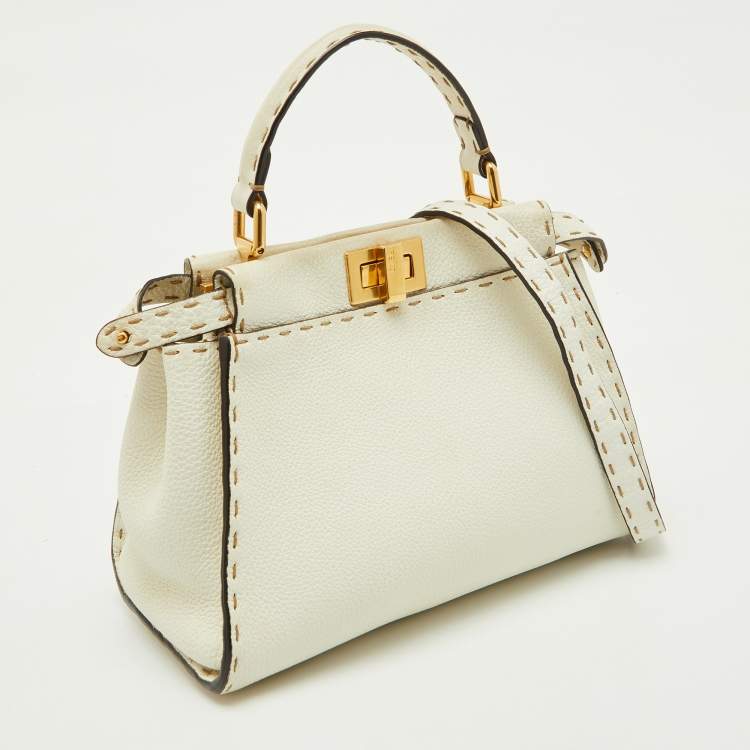 Pre Owned Fendi Off White Selleria Leather Mini Peekaboo Top Handle Bag