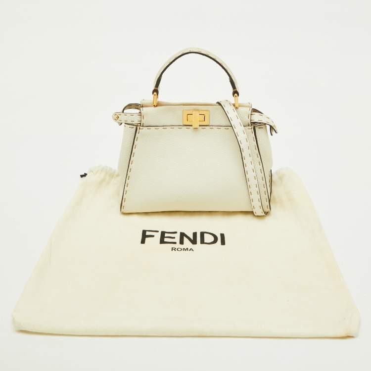 Pre Owned Fendi Off White Selleria Leather Mini Peekaboo Top Handle Bag