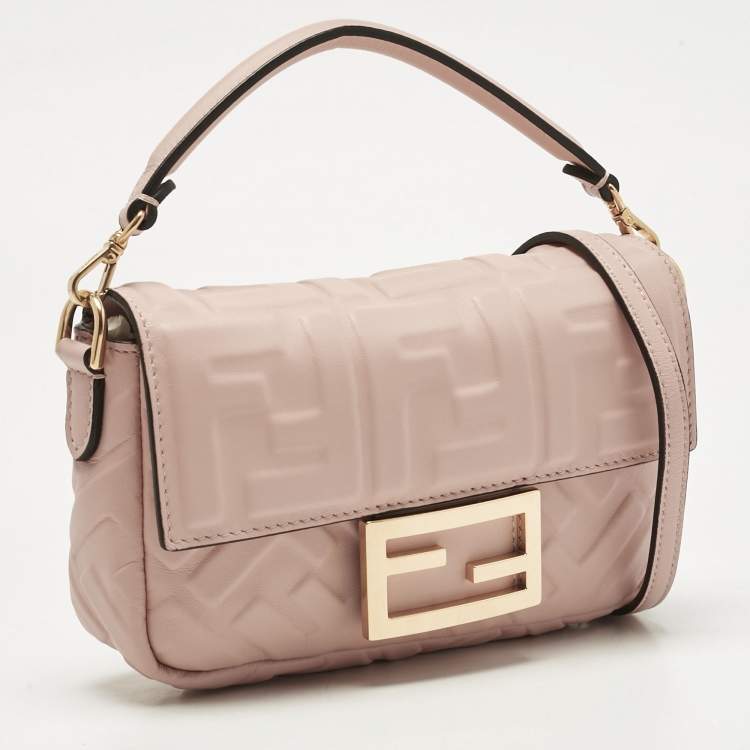 Pre Owned Fendi Peach FF Motif Leather Mini Baguette Bag