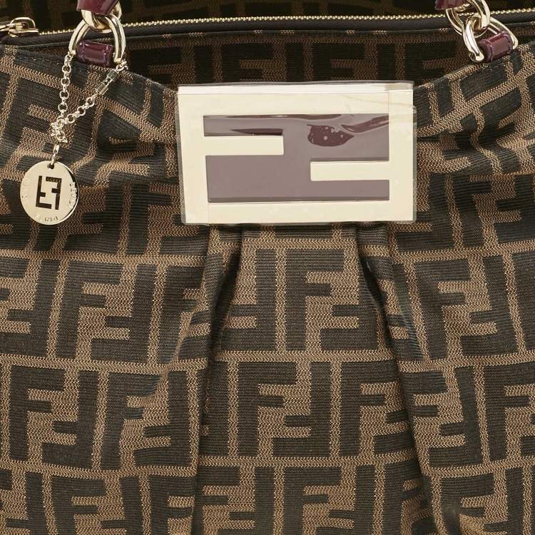 Pre Owned Fendi Tobacco/Purple Zucca Canvas and Patent Leather Large Mia Shoulder Bag
