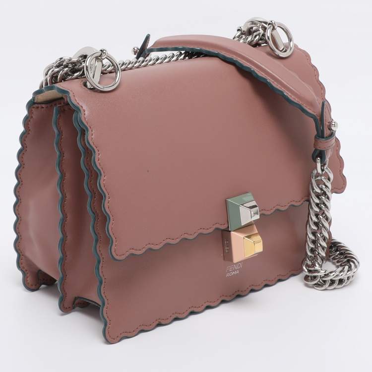 Pre Owned Fendi Old Rose Leather Mini Scalloped Studded Kan I Shoulder Bag